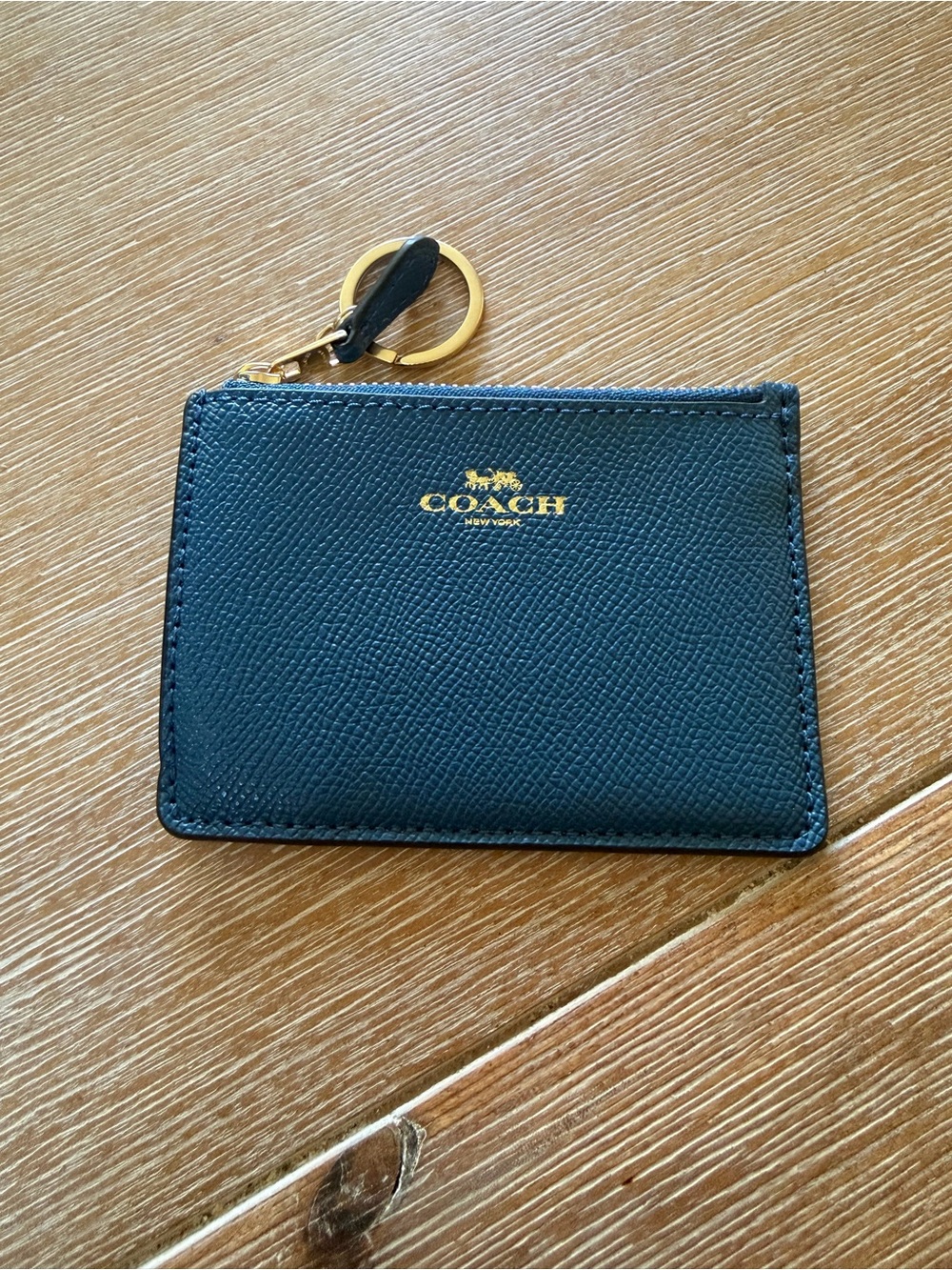 Coach Black Leather Zip Card Holder with Gold Keyring